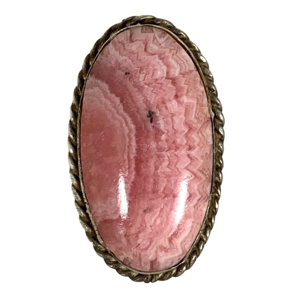 Vintage 925 Sterling Silver Oval Pink Rhodochrosite Stone Ring Size 7.25 Signed